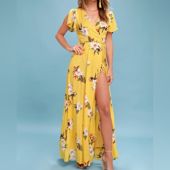 Lulus Heart Of Marigold Yellow Tropical Print Wrap Maxi Dress V Neck Costal - Picture 1 of 10